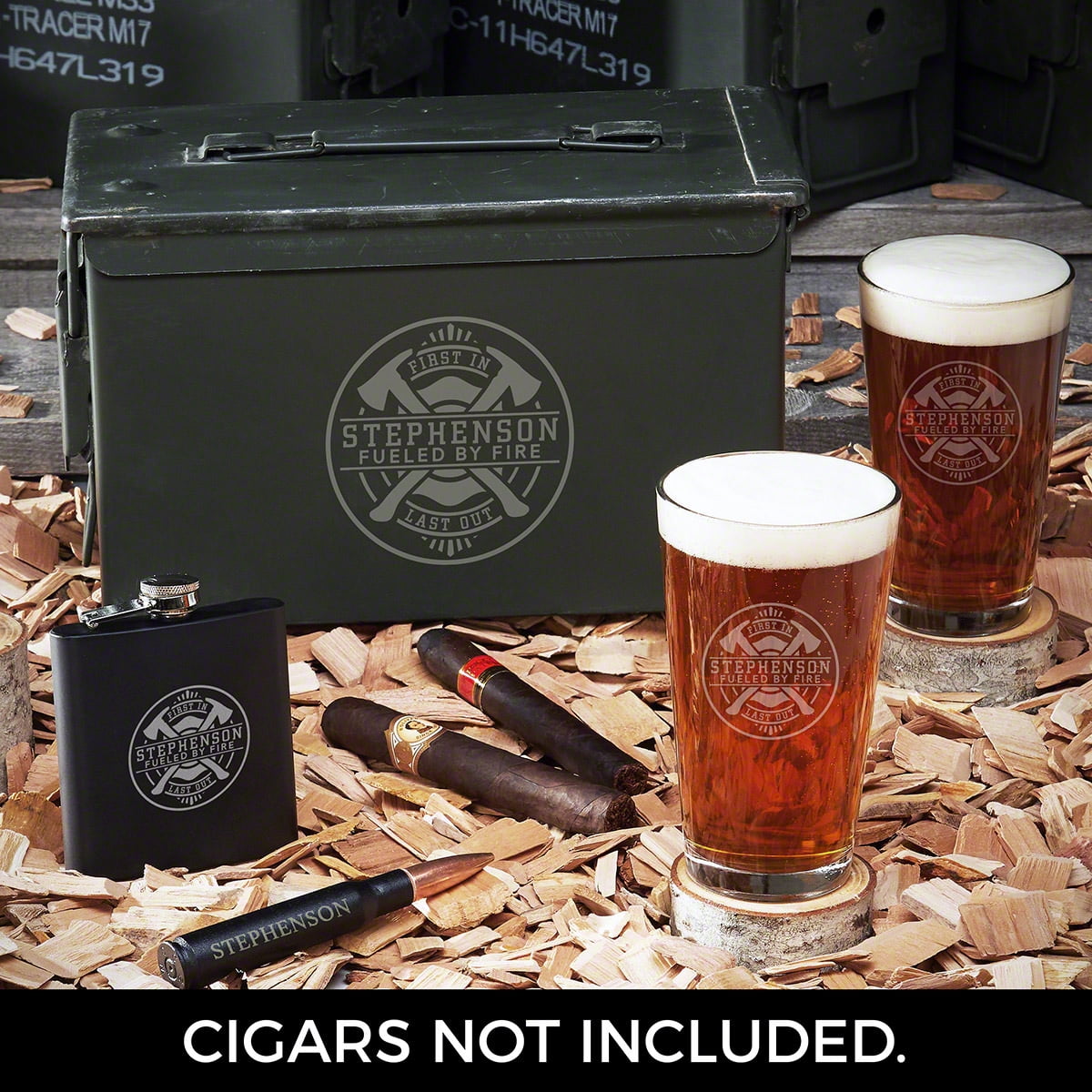 Firefighter Brotherhood Custom 50 Cal Ammo Box and Pint Glasses Gift Set