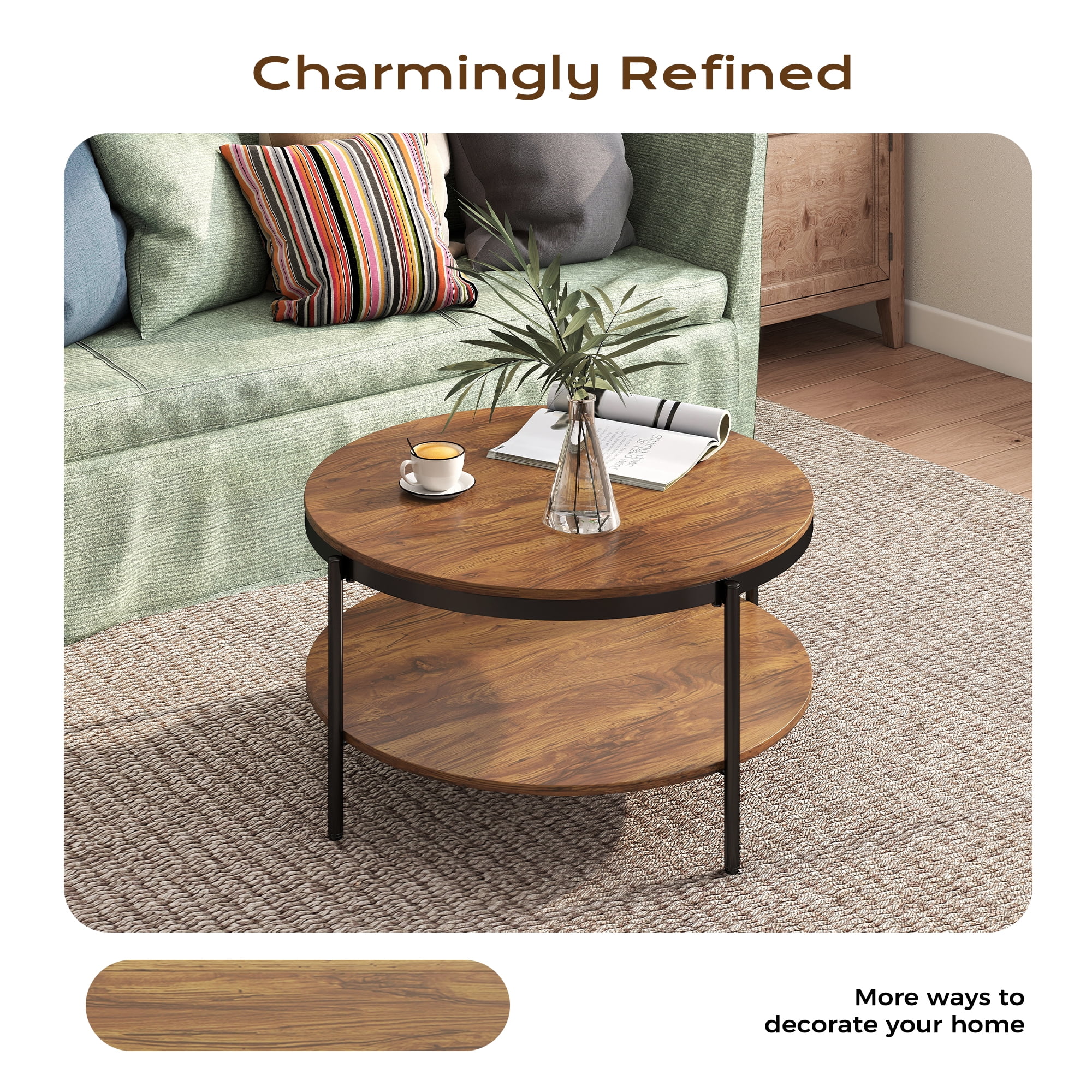Manxile Round Coffee Table with Storage for Living Room,Mid Century Center Table-2 Tier Design,Red Oak