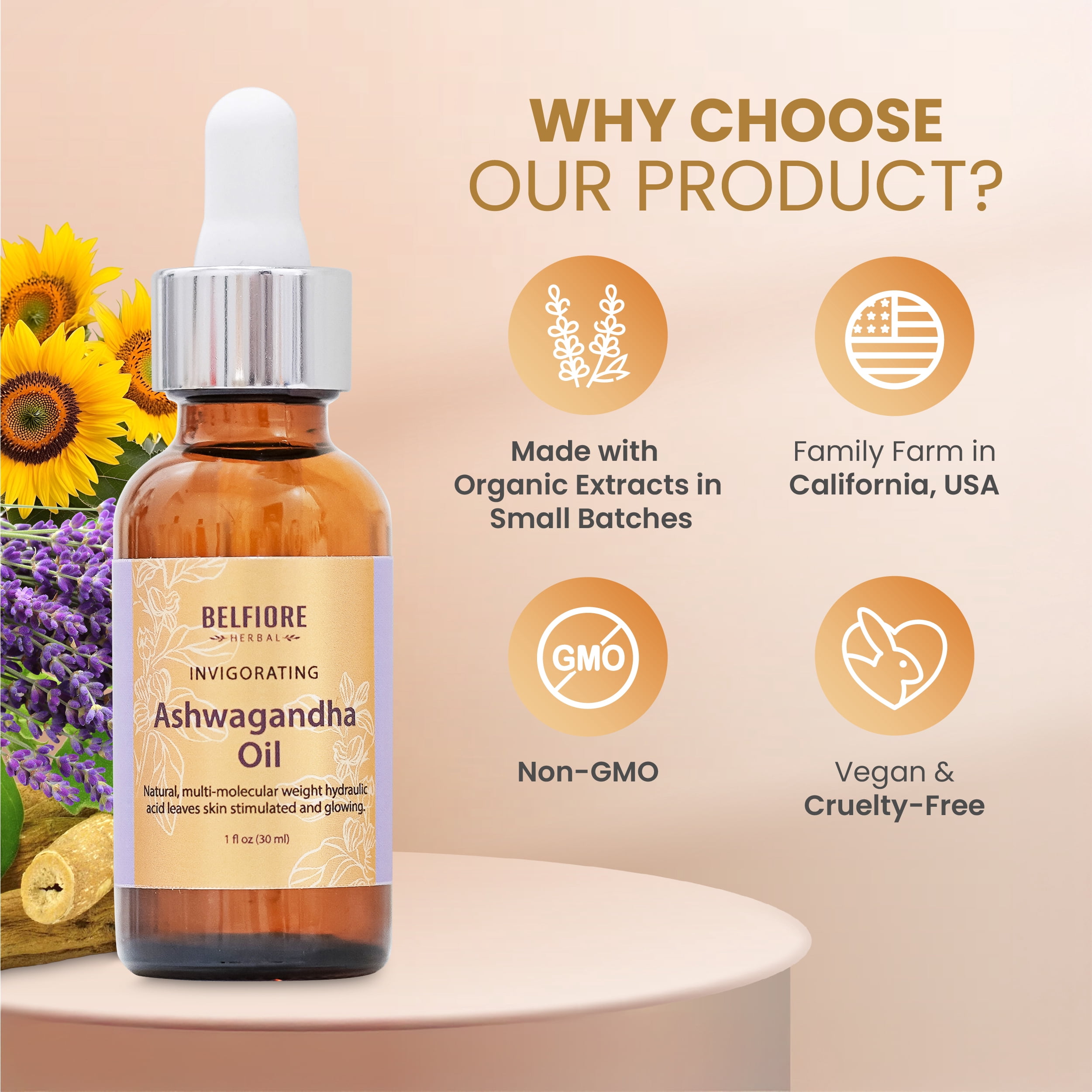 Belfiore Herbal Ashwagandha Oil for Hair Growth and Skin Care, 1 fl oz