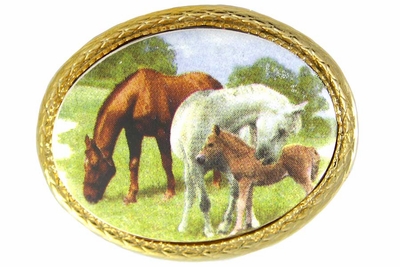 Oval "Horse Family" Gold Tone Trim Pin by