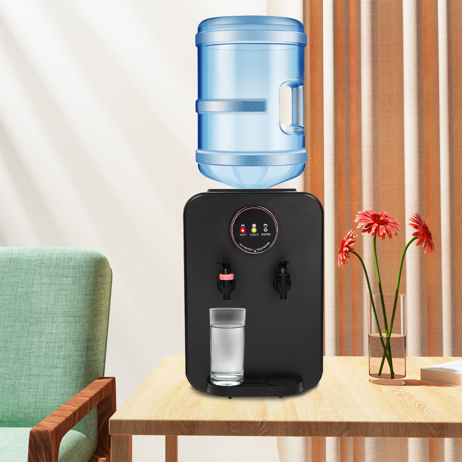 Countertop Hot and Cold Water Cooler Dispenser, Efficient Cooling/Heating, Top Loading Countertop Water Dispenser for Home Office Use, Holds 5 Gallon Bottles (Black)