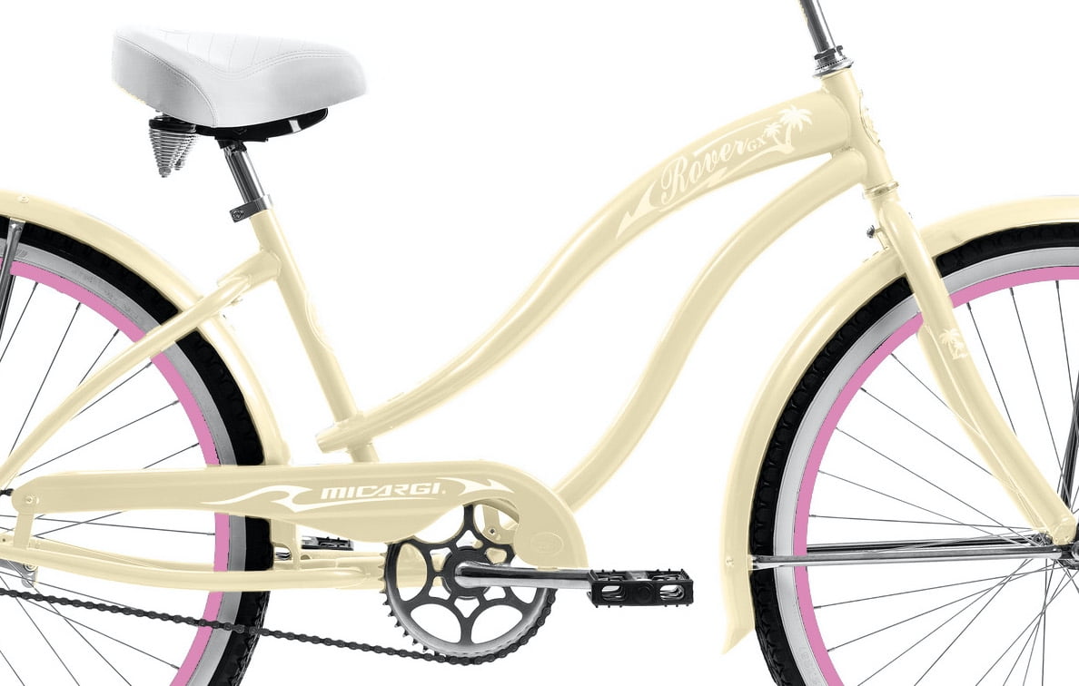 Wonder Wheels 26 In. Beach Cruiser Coaster Brake Single Speed Bicycle, Bike, Stainless Steel Spokes One Piece Crank Alloy Pink Rims 36 H With Fenders - Vanilla & Pink