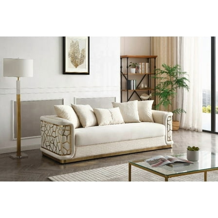Modern Ivory Fabric Sofa 92W 26H 36D with Durable Hardwood Frame