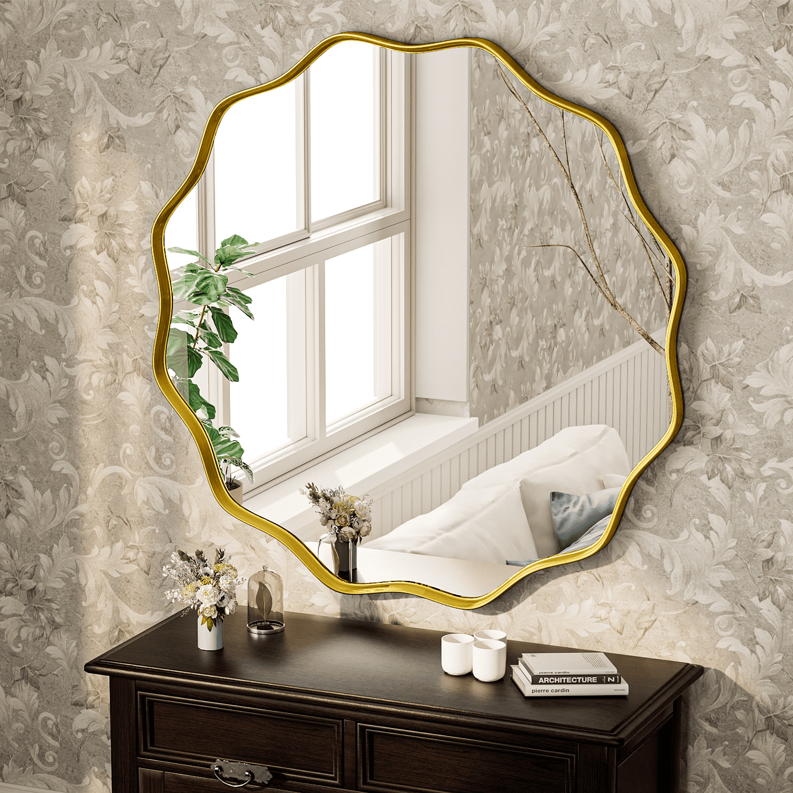 GRAHMCY 30" Wavy Round Bathroom Mirror Decorative Wall Mirror With Deep Frame, Gold