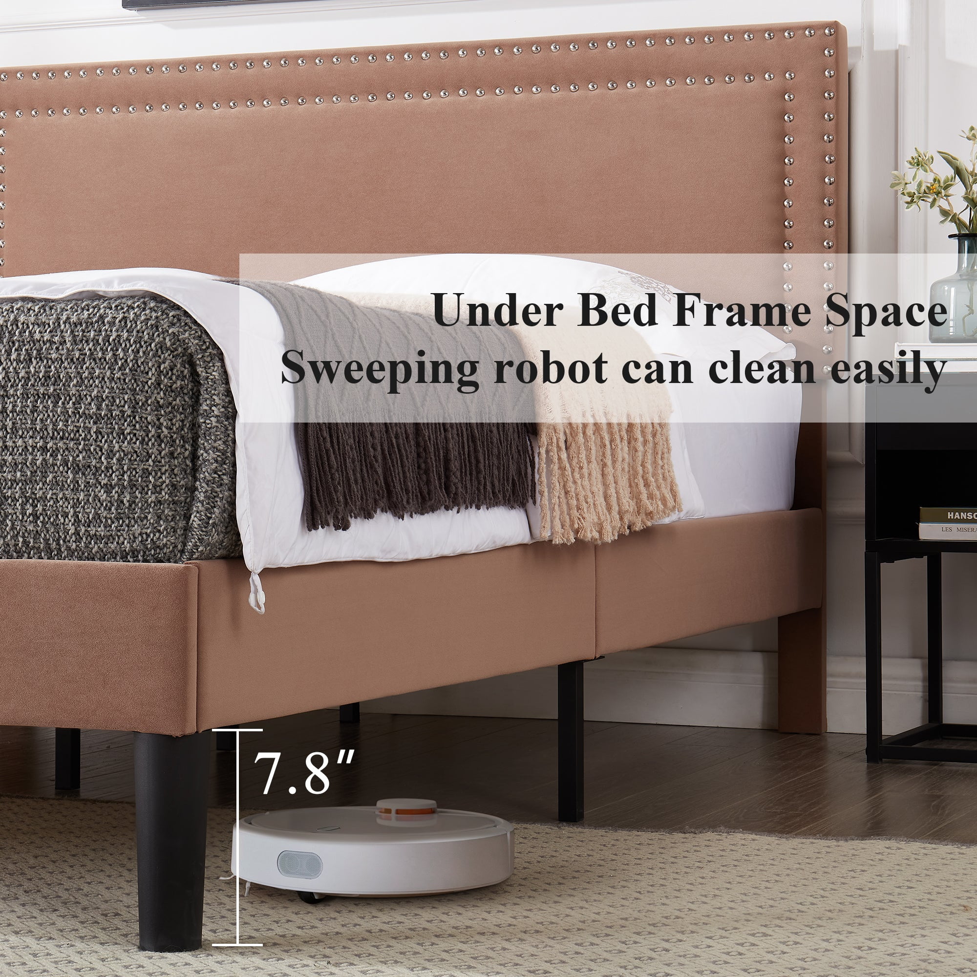 VECELO Full Size Platform Bed Frame, Modern Upholstered Bed Frame with Adjustable Height & Nailhead Trim Headboard, No Box Spring Needed, Easy Assembly, Coffee