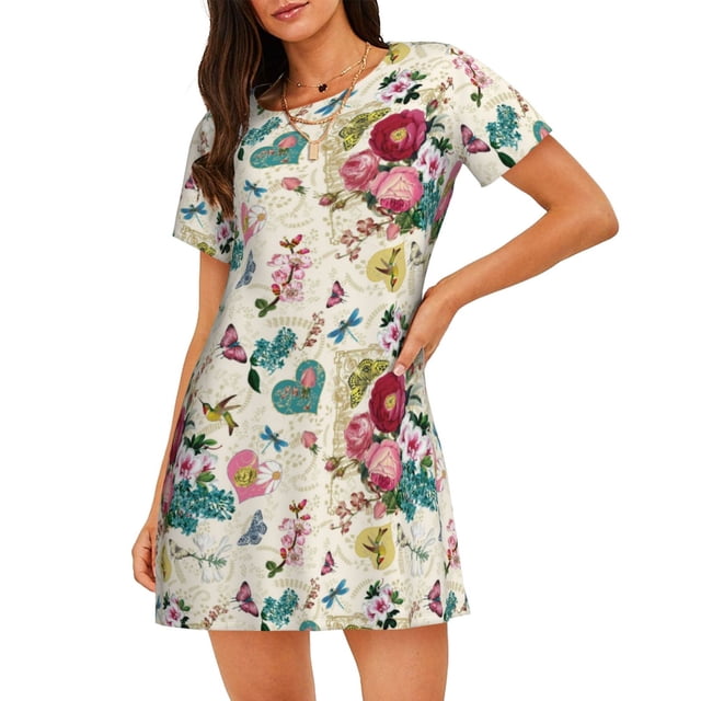 Disketp Bird Butterfly Rose para Camisón Corto de Manga Corta para Mujeres, Camisón Cómodo con Escote Redondo, Bonito y Confortable