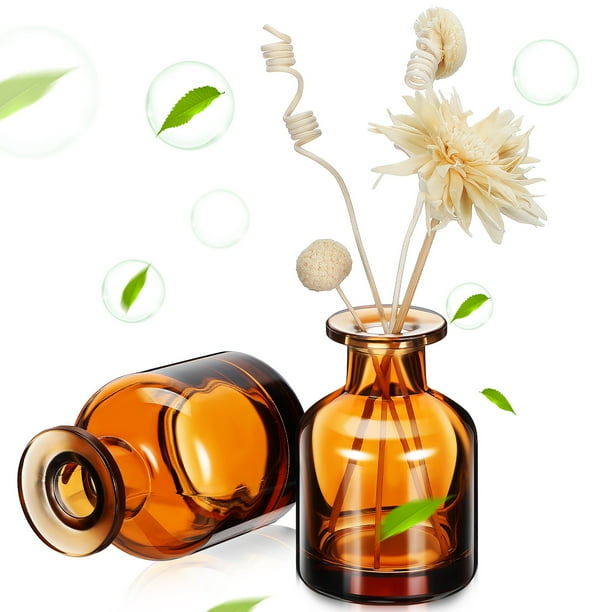 2 botellas de vidrio rellenables con difusor de varillas, frascos difusores de aroma cilíndricos vacíos, soporte reutilizable para aceites esenciales para oficina, hogar y coche.