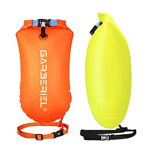 Garberiel 2 Pack Swim Buoy 20L Swim Safety Float and Drybag for Open Water Swimmers Triathletes Kayakers Snorkelers Yellow & Orange Open Water Swim Buoy Float for Safer Swim Training