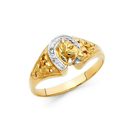 Horseshoe Italian Charm - 14k Two Tone Solid Italian Gold 10mm Horseshoe Good Luck Charm Symbol Ring Band Ring Size 6 Available All Sizes