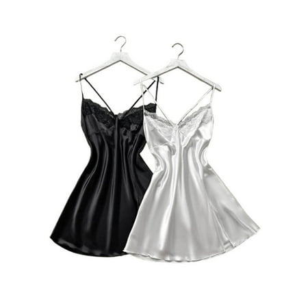 2 Piece Womens Satin Nightgowns Cross Low Back Lingerie Nightdress Sleeveless Camisole Sleep Dress Silk Short Sleepshirts  Black  L