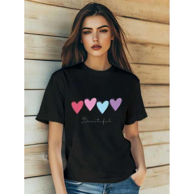 T-Shirt Imprimé Lettre d'Amour Cœur Fleurs pour la Saint-Valentin Mode Manches Courtes Col Rond Ajusté Tops Été Décontracté Mode Urbaine