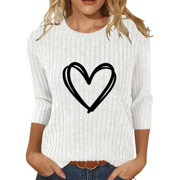 YUGYXL Womens 3/4 Sleeve Crew Neck T-Shirts Valentine's Day Spring Shirts Love Heart Printed Graphic Tees White M