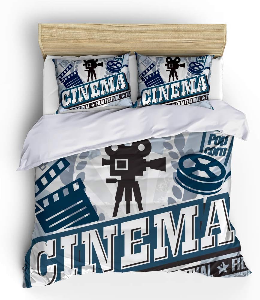 Vichonne Movie Theater Bedding Sets Queen Size,3 Piece Hollywood Vintage Cinema Poster Design