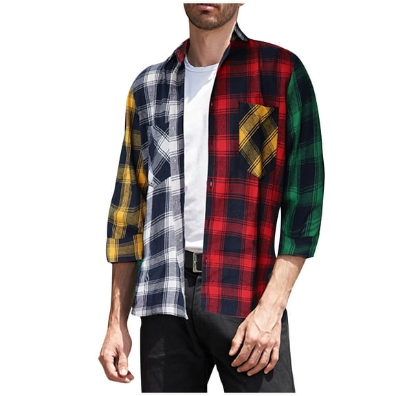 APEXFWDT Mens & Boys Flannel Plaid Shirts Long Sleeve Button Down Shirts Color Block Casual Lightweight Shirt Jacket