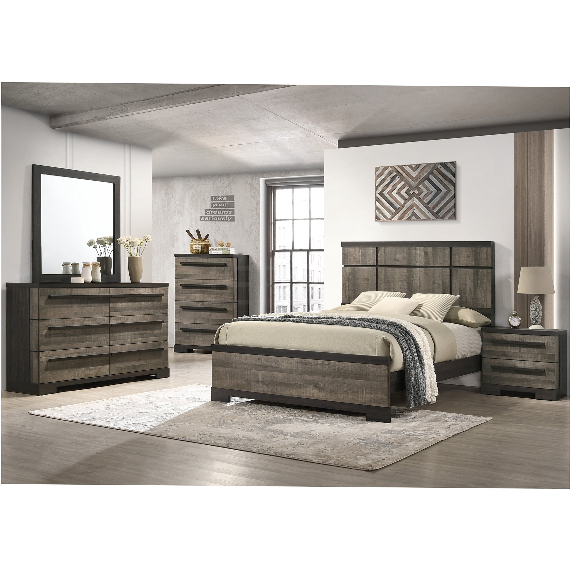 JERFIT Contemporary King Size Bed Frame with Panel Headboard, Modern Wood Platform Bed with Ebony Gray Finish, No Box Spring Needed
