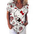thumbnail image 2 of Camiseta de dibujos animados con estampado de Hello Kitty para mujer, camiseta de manga corta con cuello en V hermoso, top informal de verano para mujer, talla grande, 2 of 6