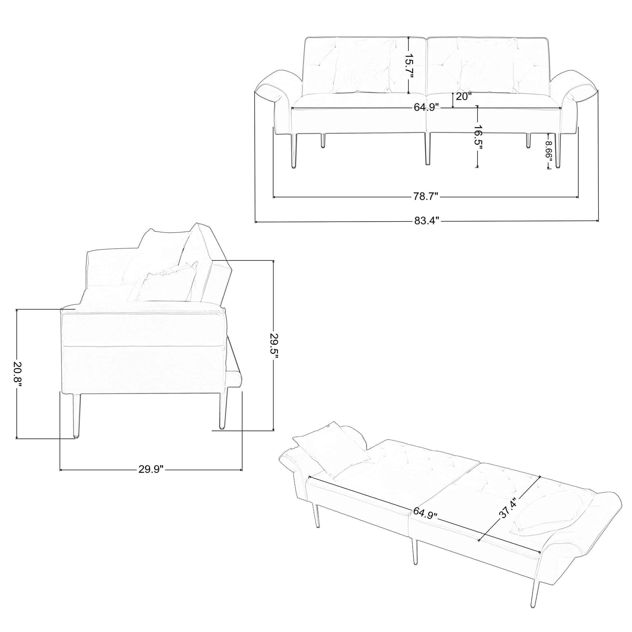 Aukfa 84" Wide Velvet Futon Convertible Sofa for Living Room, Folding Arm, 2 Pillows, Yellow