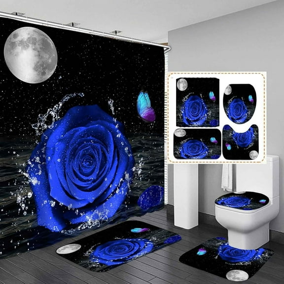 4PCS/Set Royal Blue Rose Blooming on the Sea Shower Curtain, Full Moon Starry Sky Teal Purple Butterfly Ocean Scenery Valentine's Day Bathroom Decor Non-slip Bath Rug, Romantic Seascape