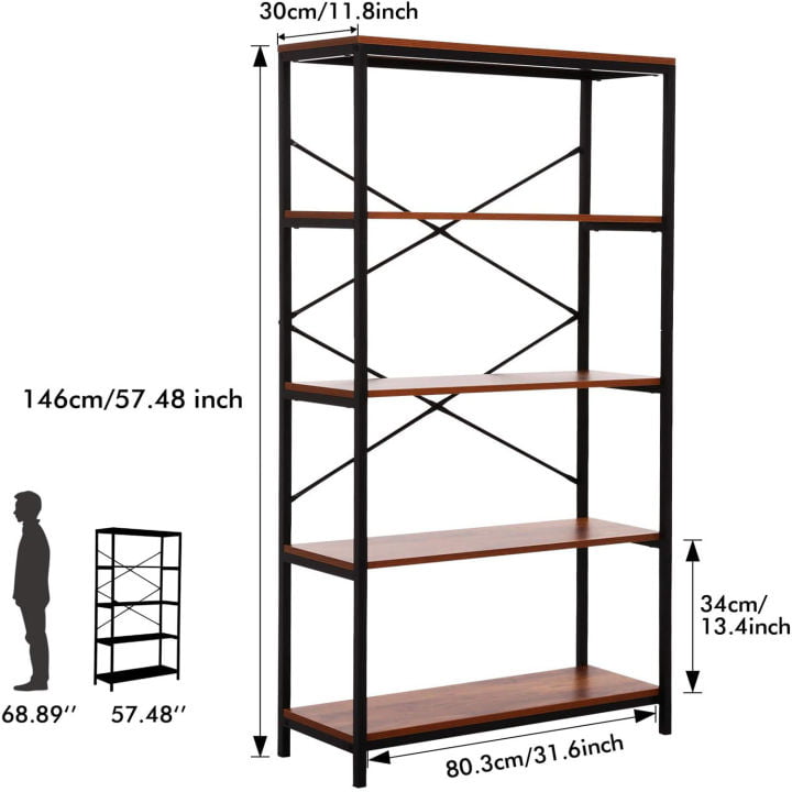 5-Tier Standing Bookshelf, Rustic Wood and Metal Bookcase, Industrial  Vintage Book Shelf Unit, Open Modern Office Bookcases