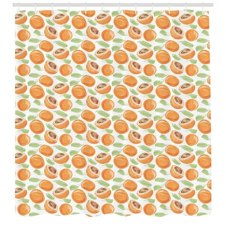 Style Apricot - Apricot Shower Curtain, Watercolor Sketch Style Abstract Fruit Sections and Leaves, Fabric Bathroom Set with Hooks, 69W X 75L Inches Long, Apricot Brown and Pistachio Green, by Ambesonne