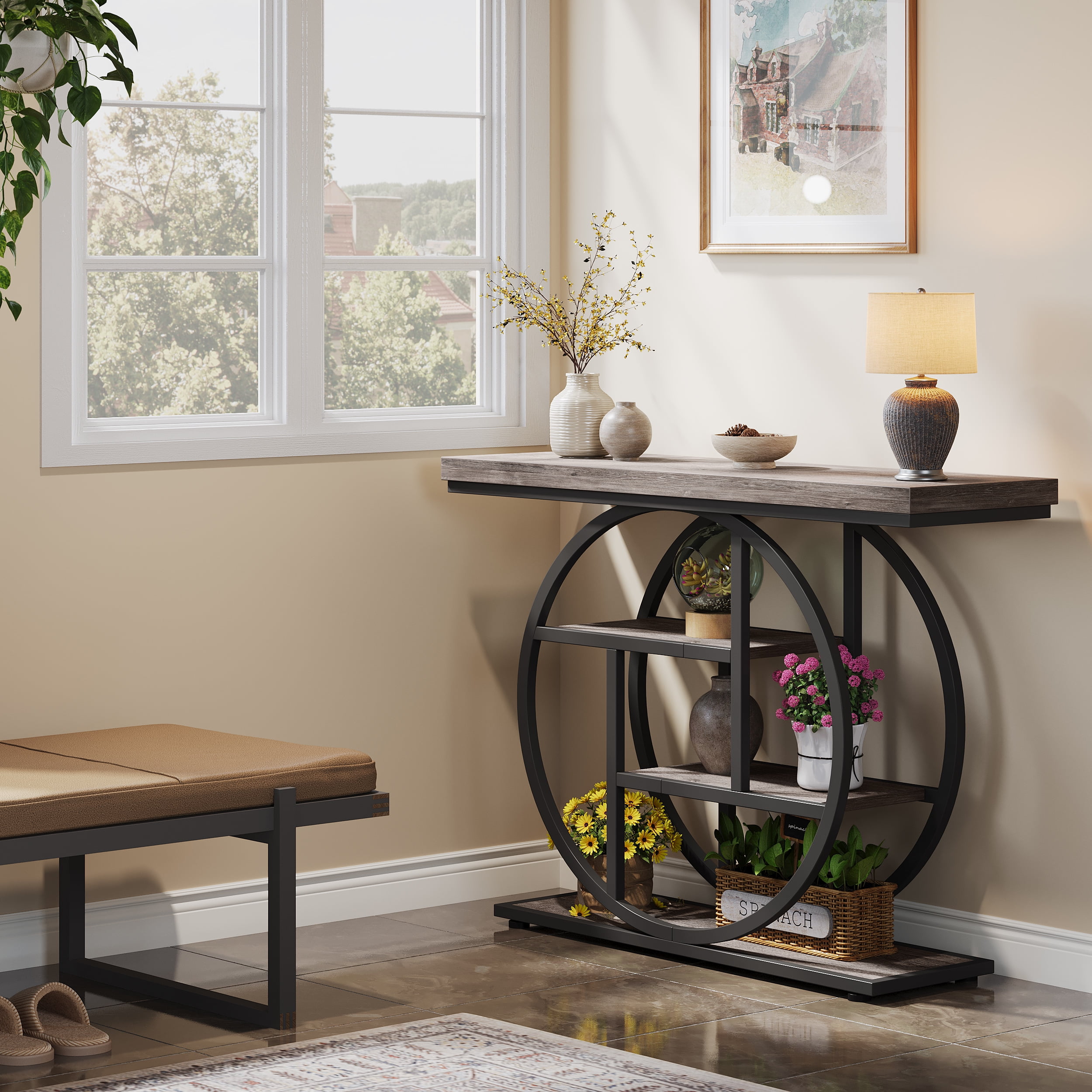 Fnova Console Table, Entryway Table with 4-Tier Storage Shelves, 42" Wood Modern Narrow Long Side Table, , Sofa Table, Accent Table for Living Room, Entryway, Hallway, Gray and Black