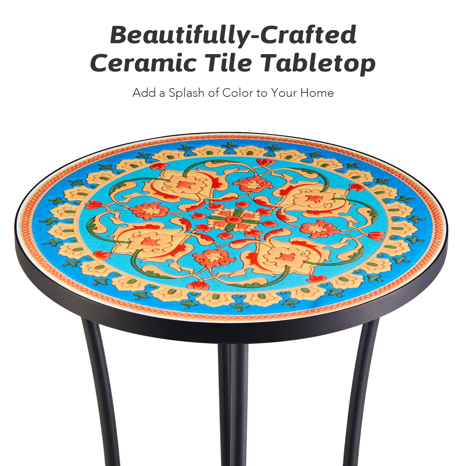 14 Inch Side Table w Ceramic Tile Top and Shelf for Patio Balcony Garden Faberge