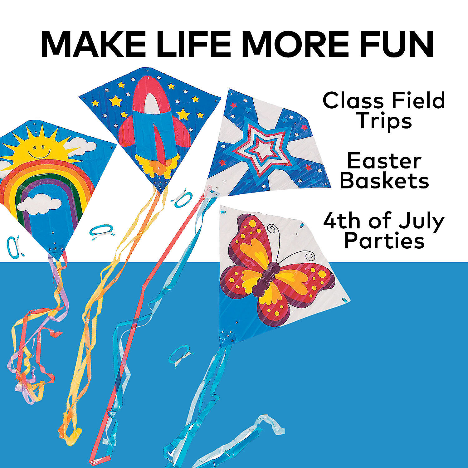 Assorted Flying Kite Pack by Fun Express, 28 x 28 with 54 in Tails, Assorted Styles and Colors, 200 feet of String with Handle, 12 Pieces