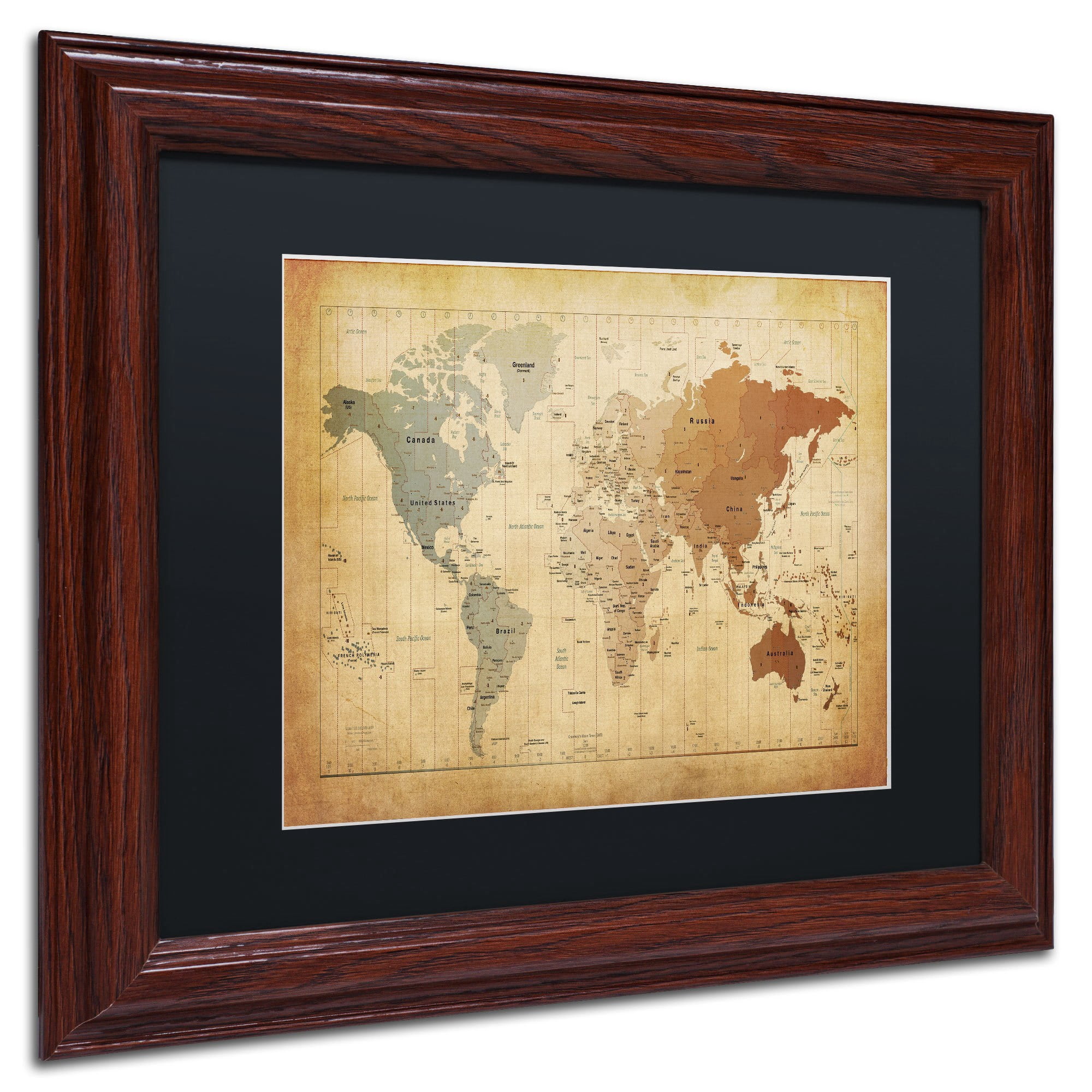 Trademark Fine Art "Time Zones Map of the World" Canvas Art by Michael Tompsett, Black Matte, Wood Frame
