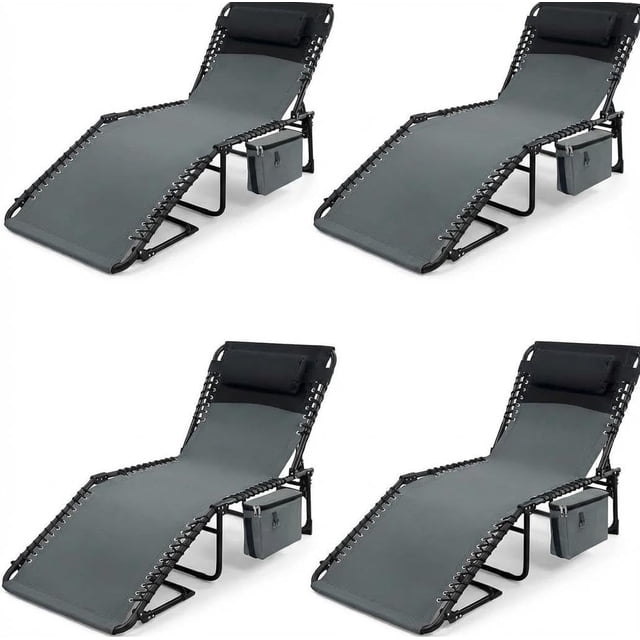 Multifunctional Reclining Garden Chair-Foldable with Side Pockets & Removable Pillow,Adjustable Backrest-Lightweight and Portable, Suitable for Outdoor Use,Beach,Pooland Camping-Set of 4, Gray