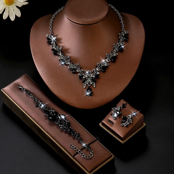 AEXTO Elegant Emerald Green Leaf Rhinestone Jewelry Set for Women – Gold Tone V-Neck Water Drop Pendant Necklace, Earrings & Bracelet Vintage Glam Gift for Her