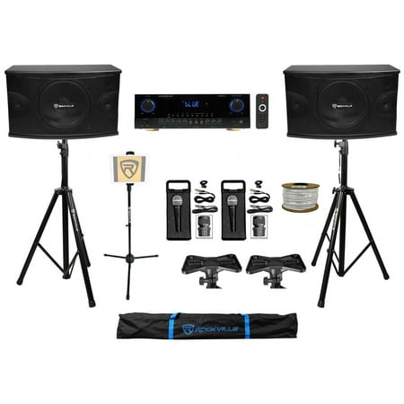 2) Rockville KPS10 10 Karaoke Speakers+Bluetooth Amplifier+2) Mics+Tablet Stand + Rockville R14GSBR100 Red/Blk 14 Gauge 100 Ft. Mini Spool Car Audio Speaker Wire
