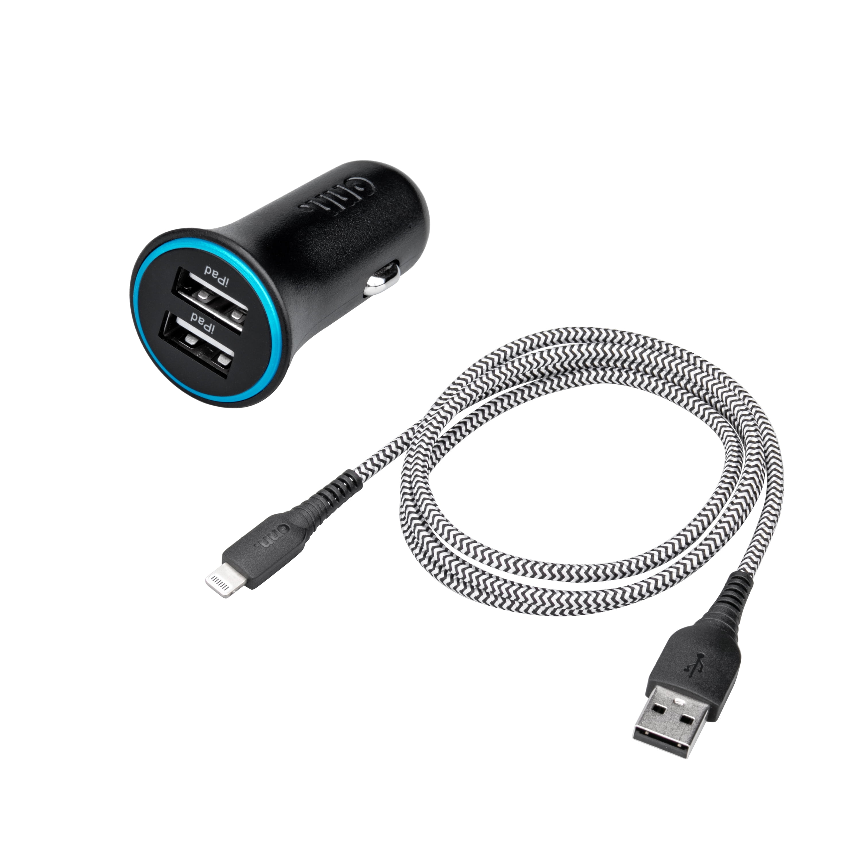 onn. 4.8A Dual-port Car Charging Kit with 3' USB-A to Lightning braided Cable, Dual Port Vehicle Adapter for iPhone, iPad and iPod, Black