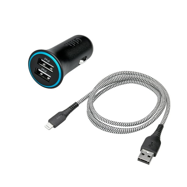 onn. Dual-port Car Charging with 3' USB-A to Lightning braided Cable, Dual Port Vehicle Adapter for iPhone, iPad and iPod, - Walmart.com