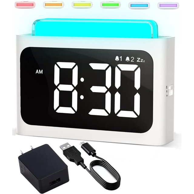 LinenLoon Réveil Numérique de Chevet avec Veilleuse 7 Couleurs : Écran LED 4,72 Pouces avec Double Alarme Forte, Répétition, 12/24H, Volume et Luminosité Réglables, Horloge Alimentée par le Secteur pour Adultes Aînés Enfants