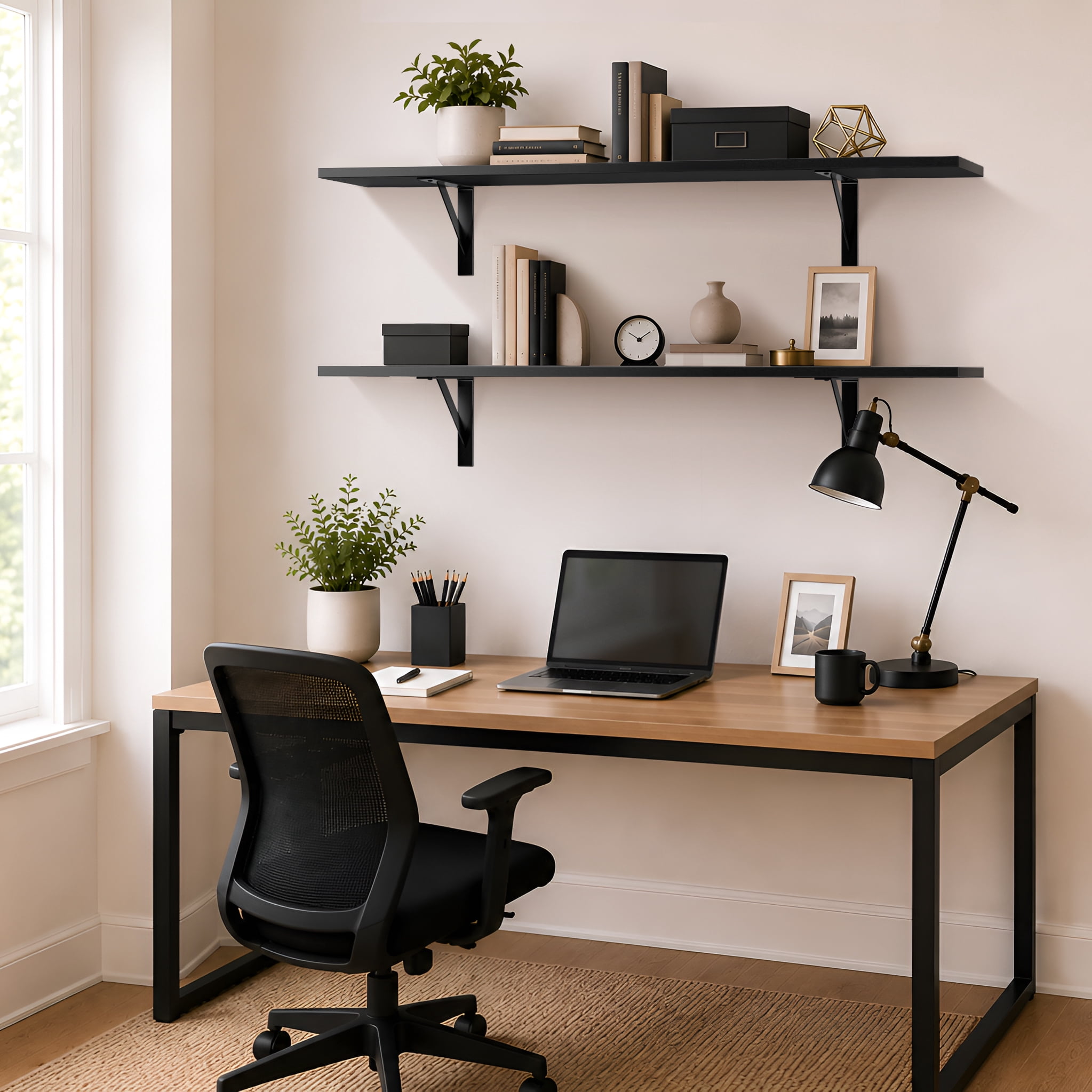 Sorbus 47.3 in Wood Wall Shelves with Black Metal Brackets, Black, 2-Piece Set