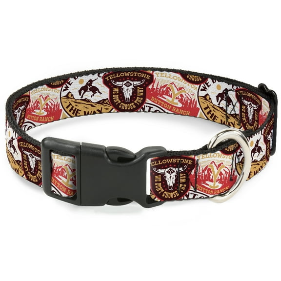 Paramount Network Pet Collar, Dog Collar Plastic Buckle, Yellowstone Patches Stacked Browns Reds Yellows, 7 to 8.5 Inches 0.5 Inch Wide