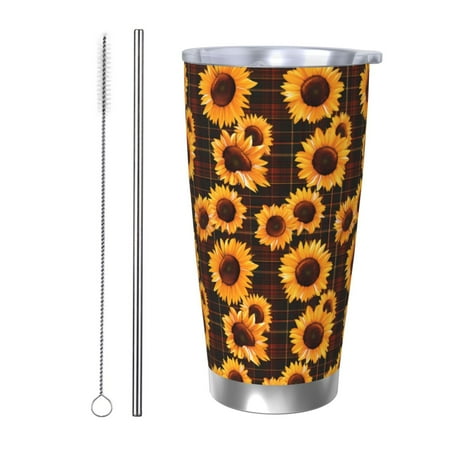 

Susaid Red Black Plaid Sunflower Print 20oz Car Cup Insulated Coffee Cup Fully Spill Proof Travel Coffee Mug Stainless Steel Tumbler for Work Home Outdoor Car-Straw Two-piece Set