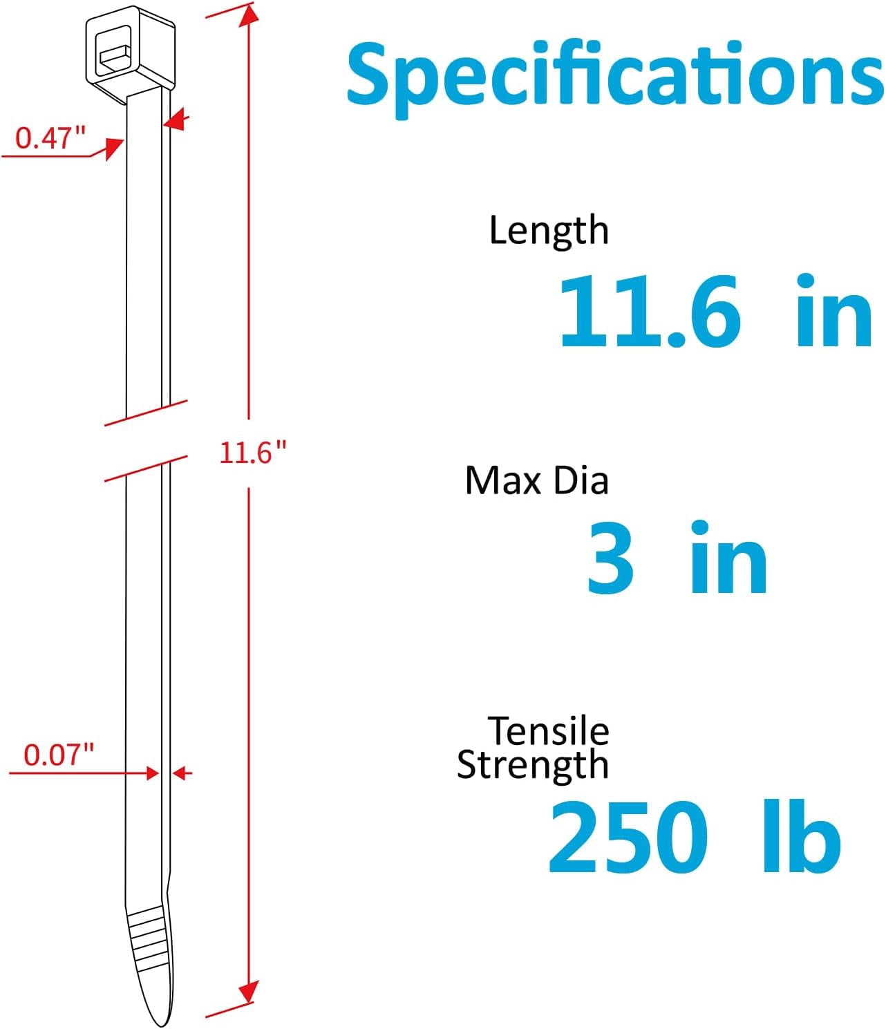 Industrial Zip Ties Heavy Duty with 250 lbs Tensile Strength, 11.6 inch, Electrical Cable Duty, 50 Pieces, Wide and Thick Ties, by Karoka