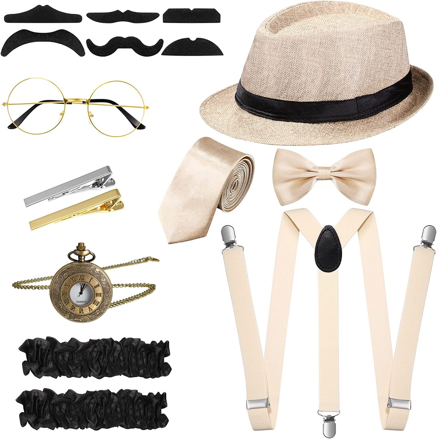 Mysterious Luminance Distinction 1 SET, 1920s Men Costume Accessories Set Roaring Retro Gangster Costume, Hat, Bow Tie, Pocket Watch, Suspender, Glasses, Beard, Armband Garters, Clips (Beige) - Walmart.com Mysterious Luminance Distinction 1 SET, 1920s Men Costume Accessories Set Roaring Retro Gangster Costume, Hat, Bow Tie, Pocket Watch, Suspender, Glasses, Beard, Armband Garters, Clips (Beige) - Walmart.com