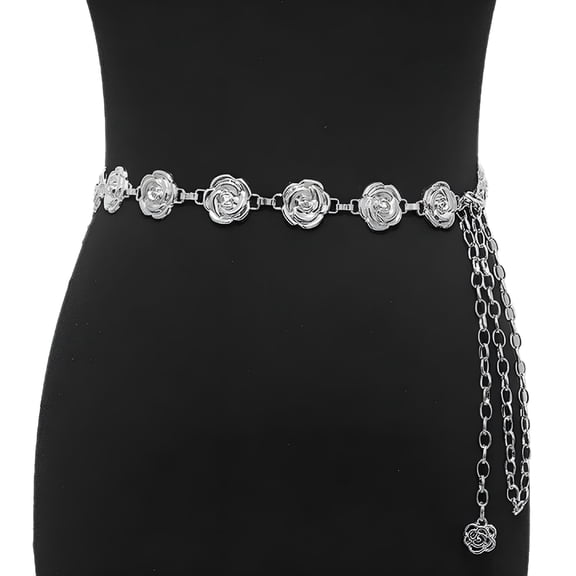 TELOLY 2026 New 1Pc Gold Silver Color Rose Chain Belt Women Fashion Metal Thin Shiny Flower Belts Female Jeans Dress Decoration Belt for Casual, Party, Work, Fashion, Daily