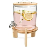 Navaris Beverage Dispenser with Stand - 1.3 Gallon (5L) Glass Drink Dispenser with Spigot, Lid, Wood Stand for Hot or Cold Drinks, Ice Water, Parties