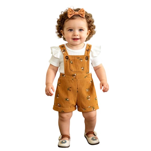 HXWCHs Girl 3Pcs Summer Outfit Ribbed Bodysuit and Floral Overall Shorts & Headband Size: 6-12 Months Yellow