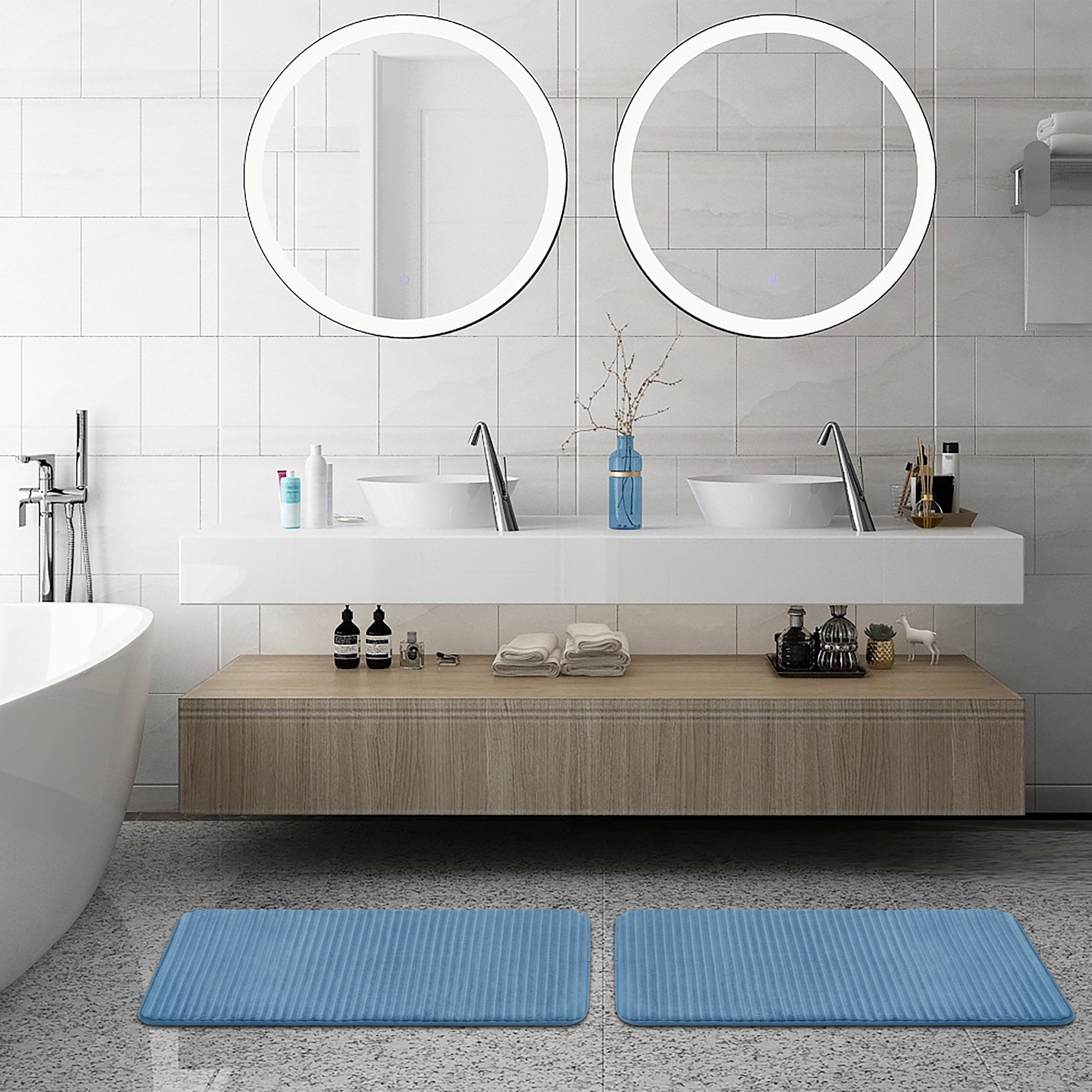 Mainstays Blue 2-Piece Performance Foam Bath Rug Set, 17 in x 24 in