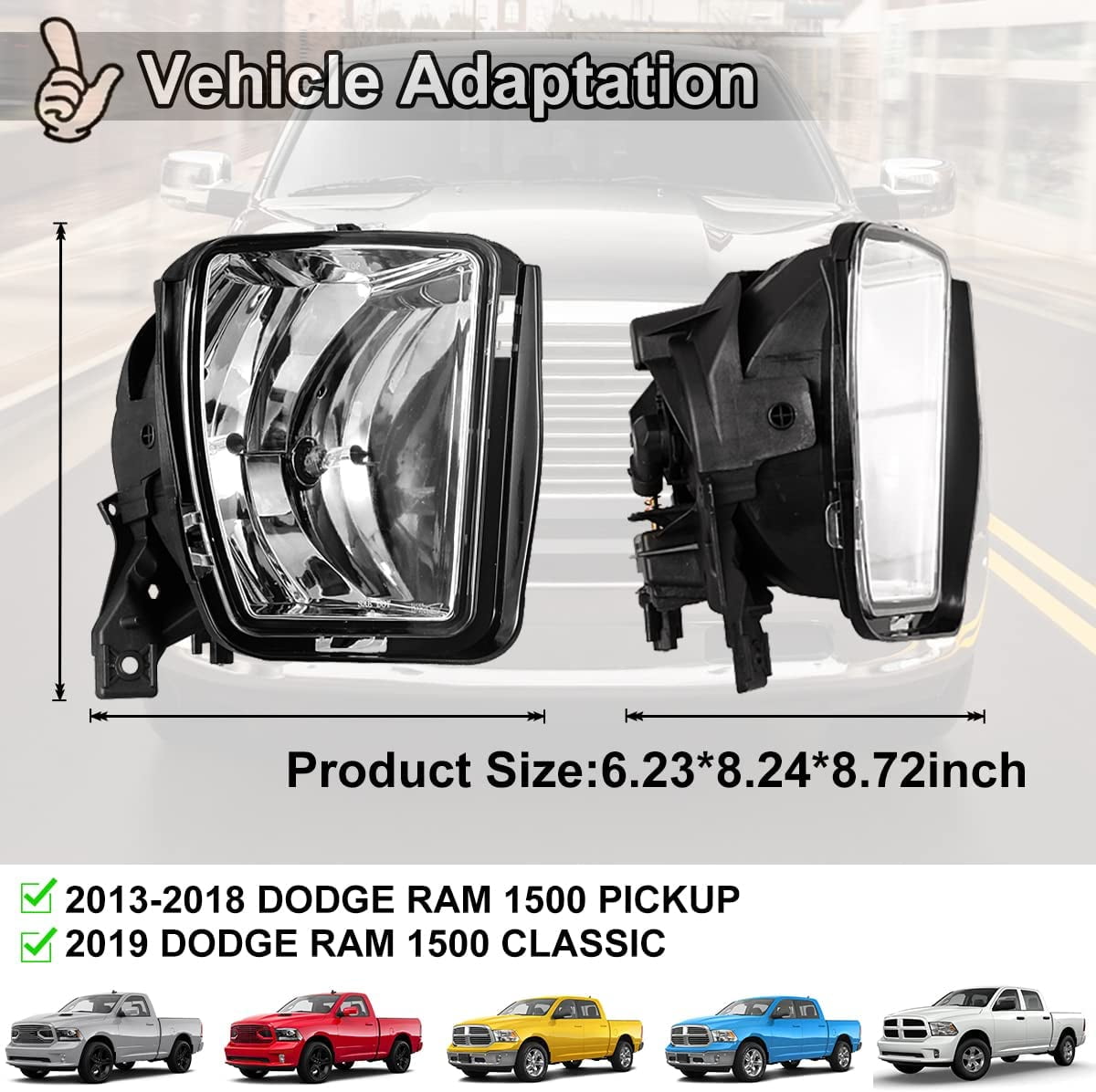 For 2013-2018 Dodge Ram 1500 Fog Lights Bumper Driving Lamps Clear Lens Pair