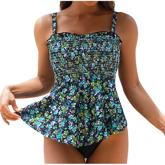 Women's Trendy Padded Bathing Suits Smocked Floral Tummy Control Swimsuits Peplum Swim Top Bottom 2 Piece Flowy Swimwear Green, S