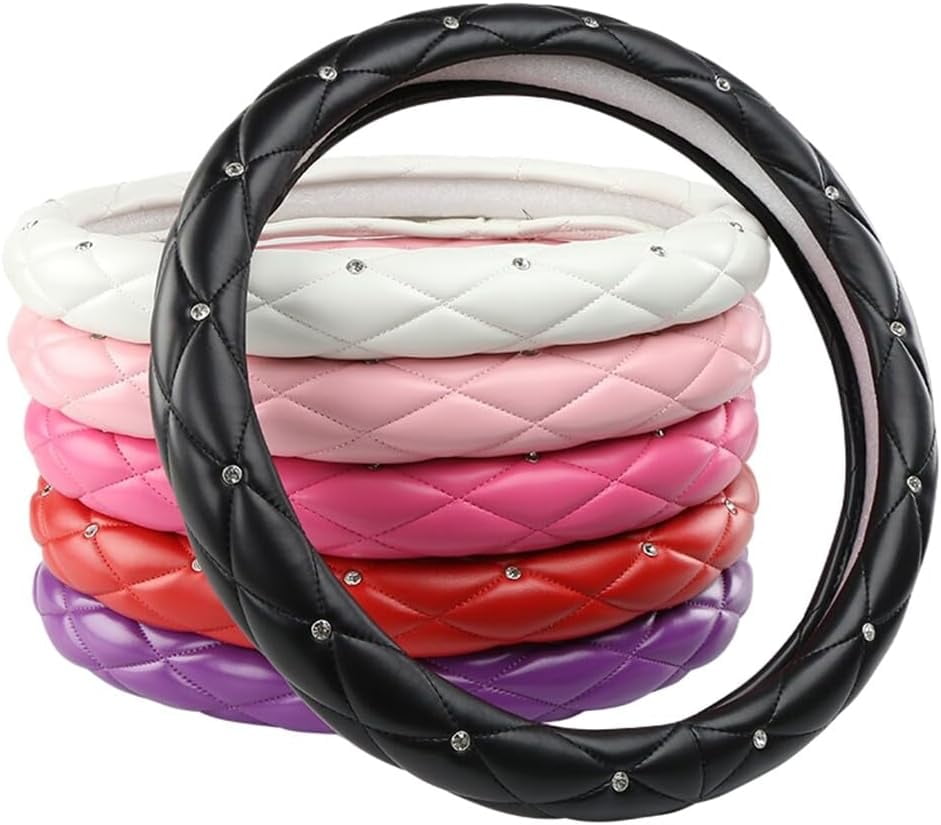15 Inches Non-Slip Diamond Steering Wheel Cover Bling Bling PU Leather Universal Car Steering Wheel Cover for Women with Diamond Crystal Women Car Interior