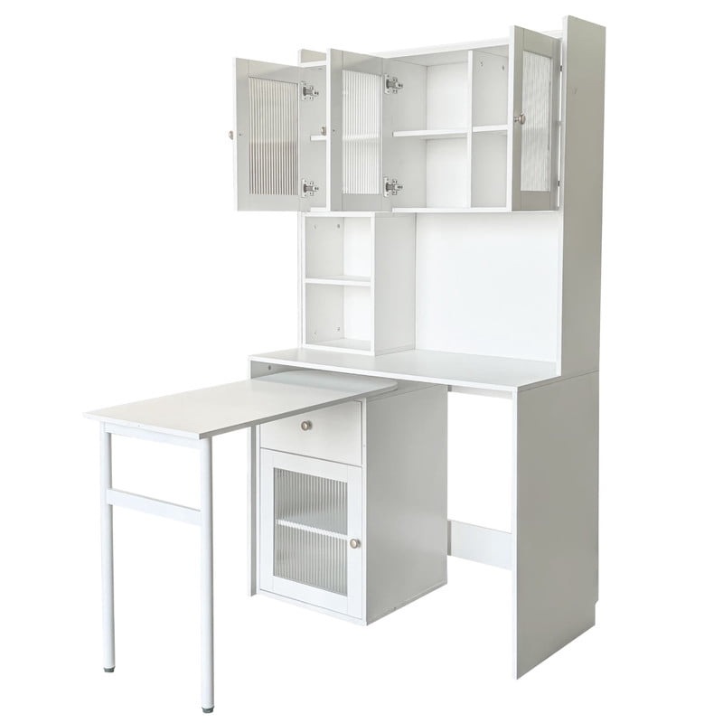 Computer Desk with Hutch and Glass Doors, Office Desk with 90 Degree Rotating Desktop, Writing Table Large Workstation with Bookshelf and 1 Drawer