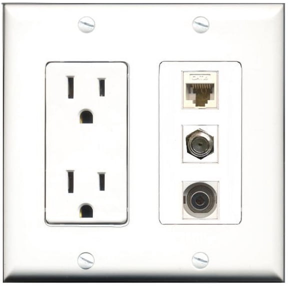 RiteAV - 15 Amp Power Outlet 1 Port Coax 1 Port 3.5mm 1 Port Cat6 Ethernet Ethernet White Decorative Wall Plate