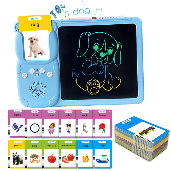 Adofi Talking Flash Cards with Drawing Tablet, Learning Toys for 3 to 4 Year, LCD Writing Tablet for Kids, 2 in 1 Boy Toys 3 5, Educational Toys for Children 3 8, Toys for Boys Girls 3 6 Years- Blue