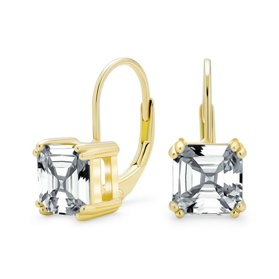 Bling Jewelry Womens Square CZ Solitaire Asscher Cut Lever back Earrings Gold Plated Silver